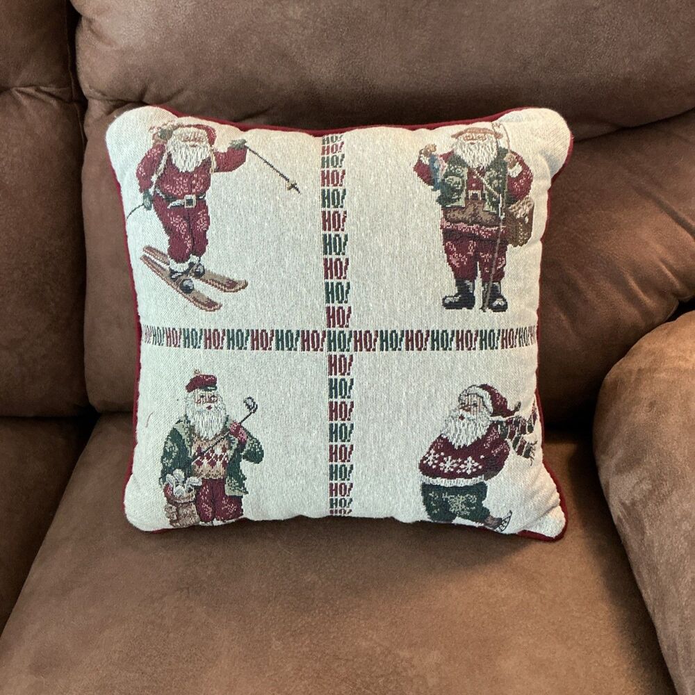 Riverdale Tapestry Throw Pillow Christmas Santa Skiing Fishing Golfing Skating